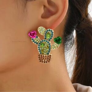 Cactus Full Rhinestone Charm Stud Earrings